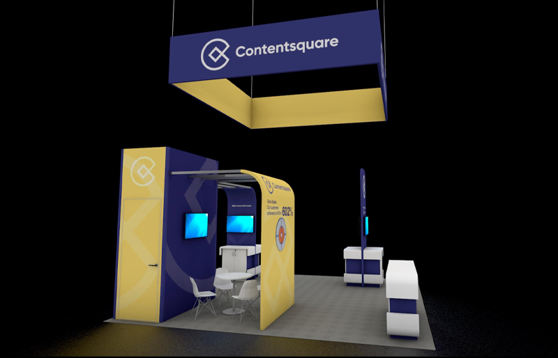 20' x 20' Custom Island Exhibit w/ Hanging Sign and Interactive Kiosks (ID0563)