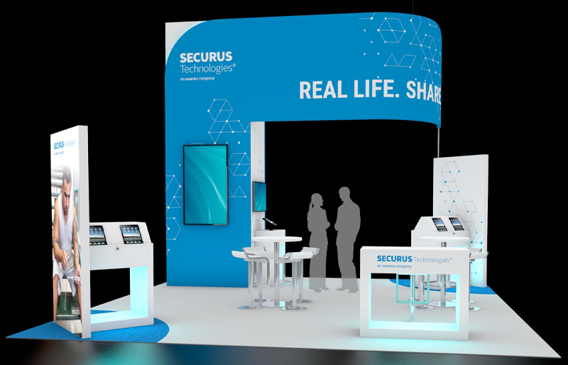 20' x 20' Custom Island Exhibit w/ Architectural Wall and HaloLit Product Kiosks (ID0564)