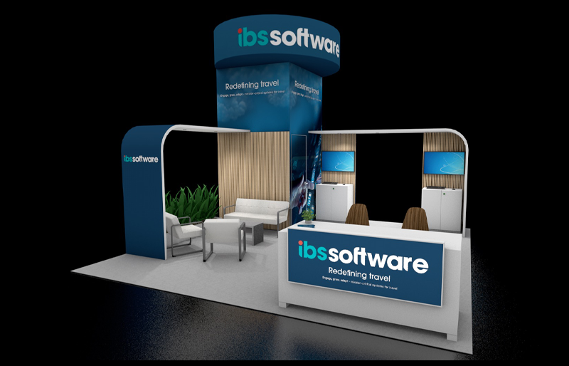 20' x 20' DesignLine Island Exhibit w/ Tower Storage and Interactive Kiosks (ID0574)