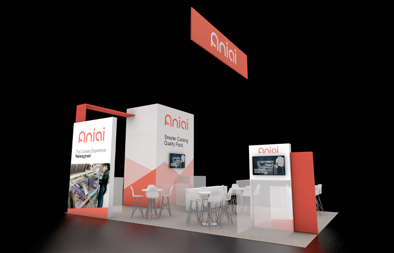 20' x 30' Modular Island Exhibit w/ Tower Storage, Presentation Areas and Overhead Banner (ID0576)