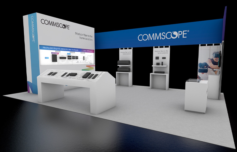 20' x 30' Modular Island Exhibit with Demo Stations and Product Shelving (ID0580)