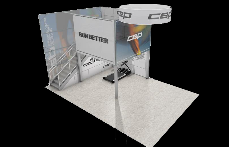 20' x 30' Double-Deck Island Exhibit with Hanging Sign (ID0581)