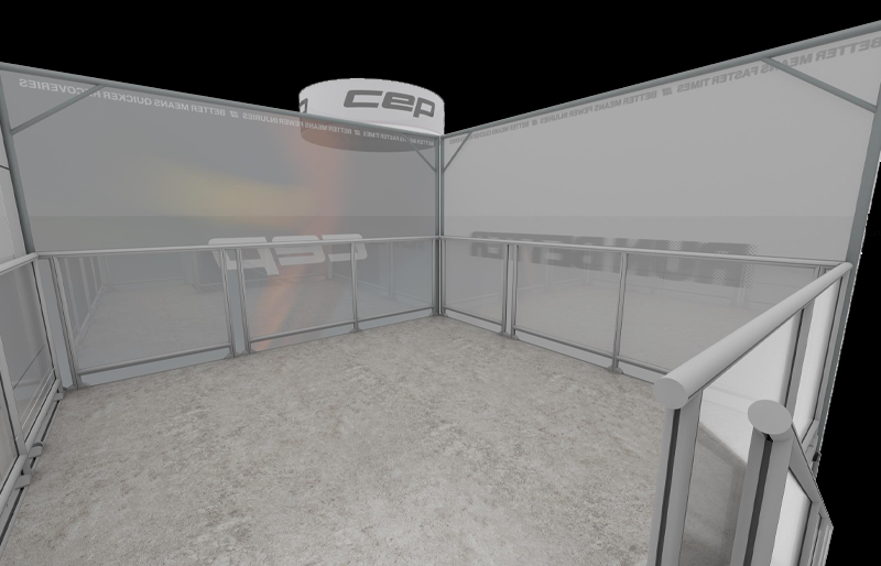 20' x 30' Double-Deck Island Exhibit with Hanging Sign (ID0581)