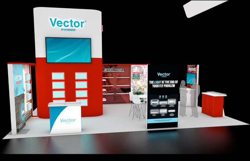 20' x 30' Product Island Exhibit w/ Media Storage Tower and BackLit Kiosks (ID0582)