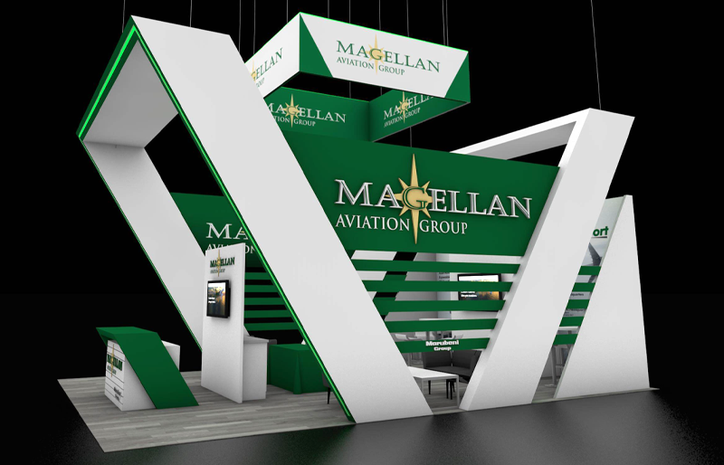 20' x 30' Island Exhibit w/ EdgeLit Angled Architecture and Demo Areas (ID0585)