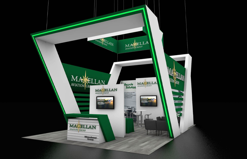 20' x 30' Island Exhibit w/ EdgeLit Angled Architecture and Demo Areas (ID0585)