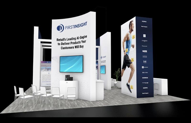 30' x 30' Island Exhibit w/ Graphic Towers, Presentation Area, and Demo Stations (ID0593)