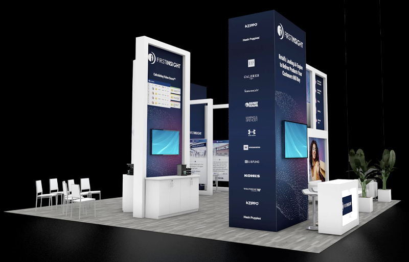 30' x 30' Island Exhibit w/ Graphic Towers, Presentation Area, and Demo Stations (ID0593)