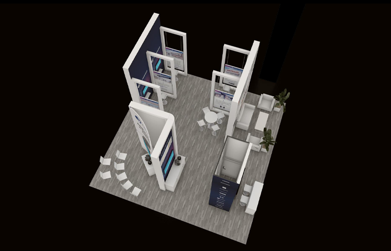 30' x 30' Island Exhibit w/ Graphic Towers, Presentation Area, and Demo Stations (ID0593)