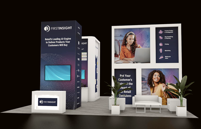 30' x 30' Island Exhibit w/ Graphic Towers, Presentation Area, and Demo Stations (ID0593)