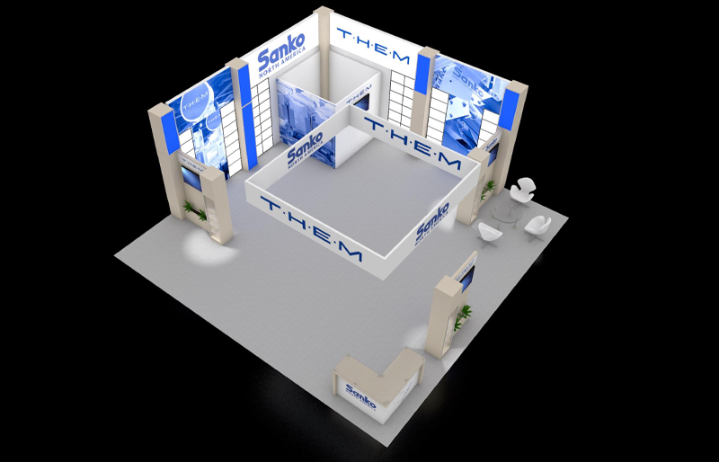 30' x 30' Island Exhibit w/ Backlit Panels and Square Hanging Sign (ID0594)