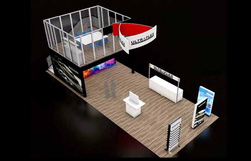 20' x 50' Double Deck Exhibit w/ Glass Meeting Room and Curved Hanging Sign (ID0596)