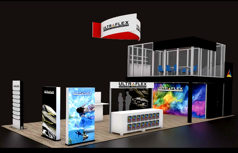 20' x 50' Double Deck Exhibit w/ Glass Meeting Room and Curved Hanging Sign (ID0596)